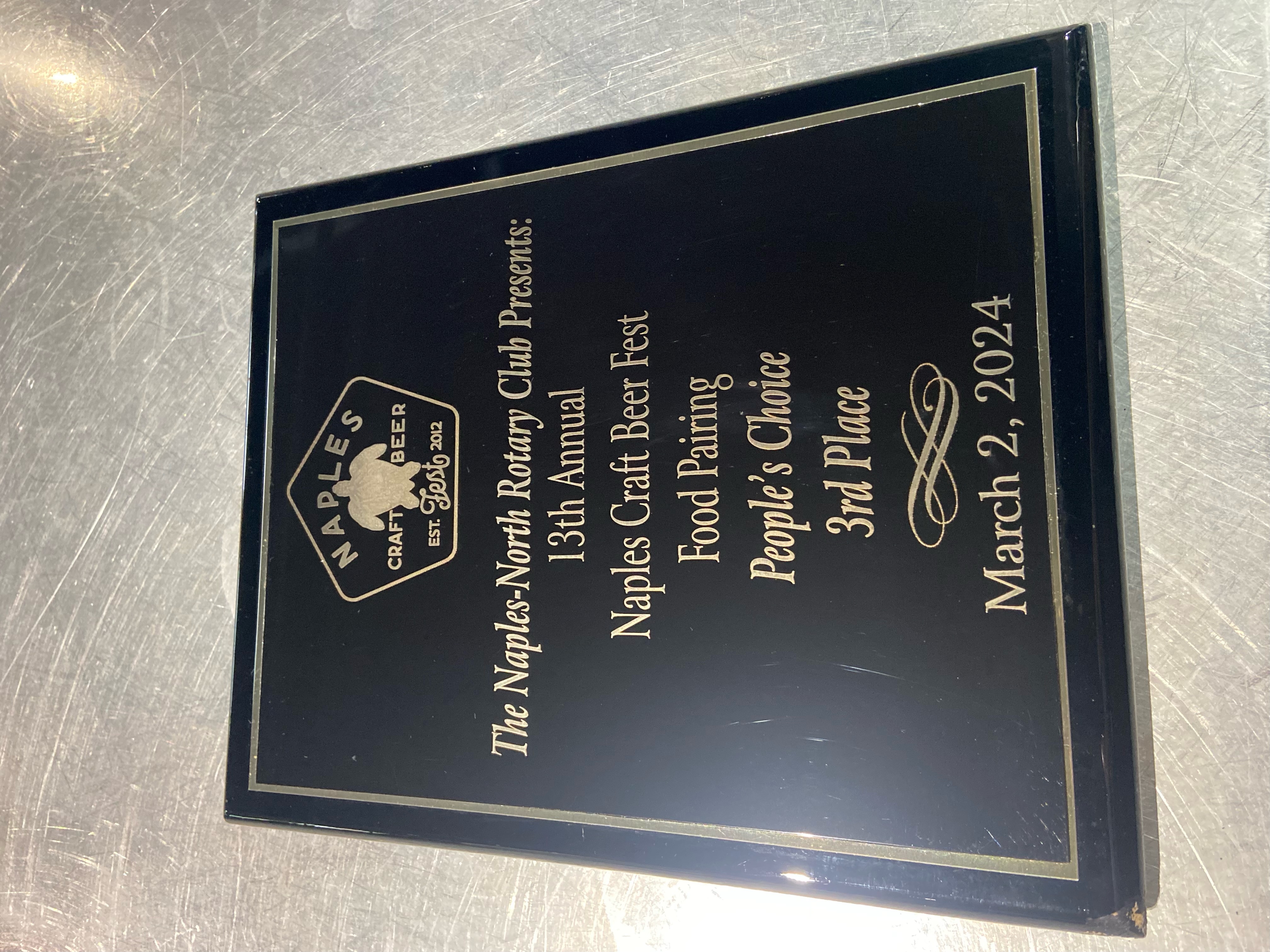 2024 Naples Craft Beer Fest food pairing People’s Choice third-place award, dated March 2, 2024